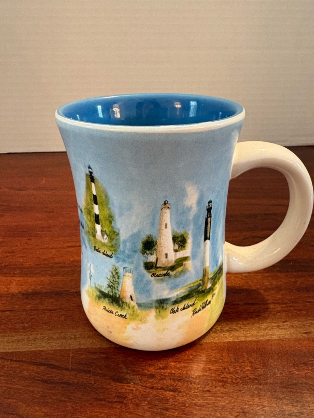 North Carolina Lighthouses Mug Embossed Ceramic Blue White Coastal Beach Holiday